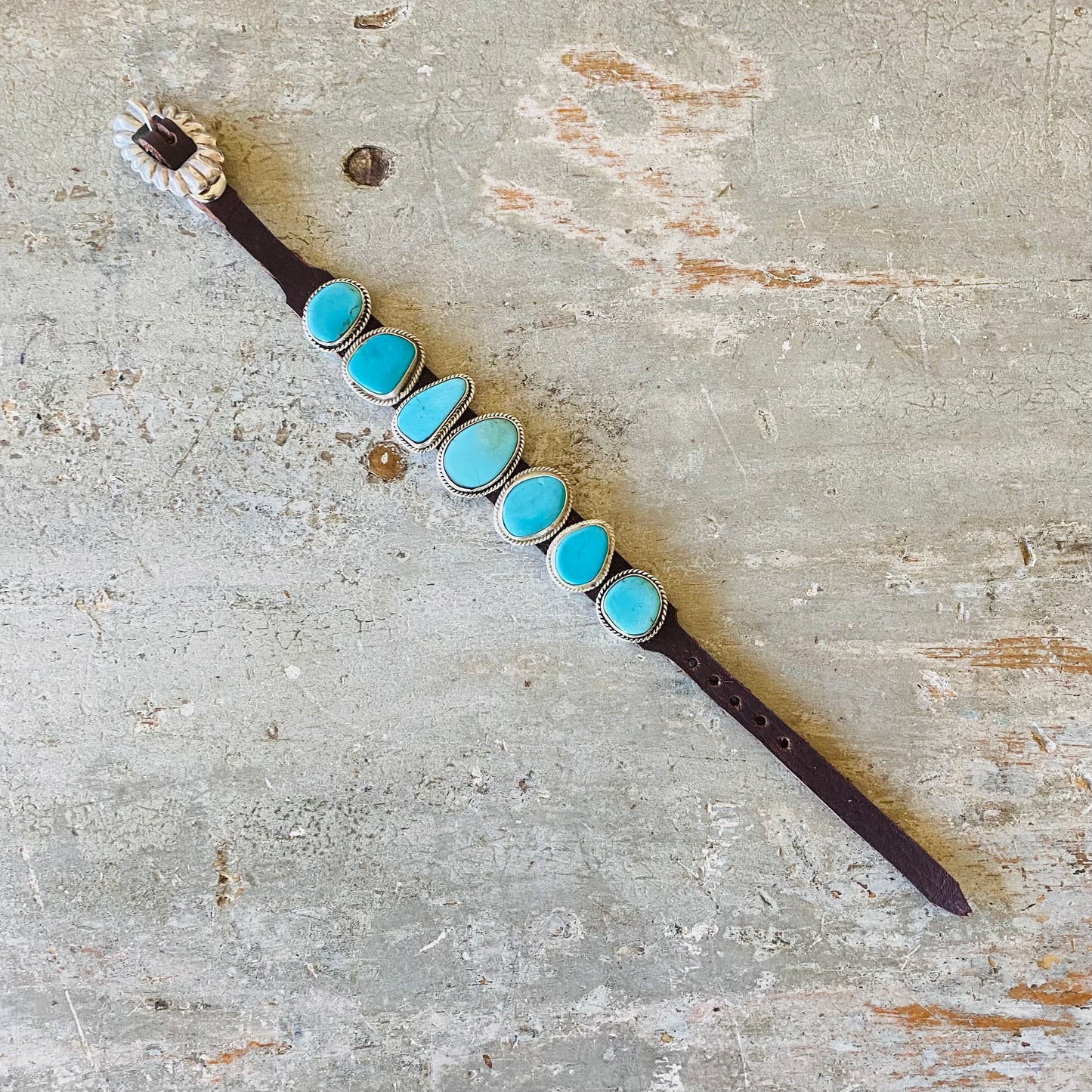 Navajo Signed Sterling Silver & Turquoise Leather Bracelet