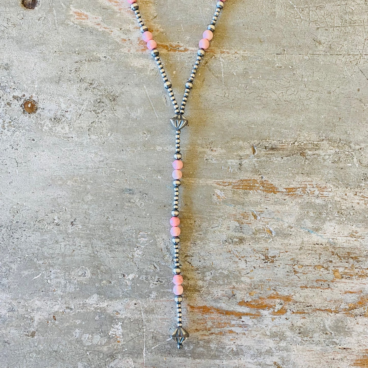 Navajo Strung Sterling Silver Machine Made Pearls & Pink Conch Lariat Necklace