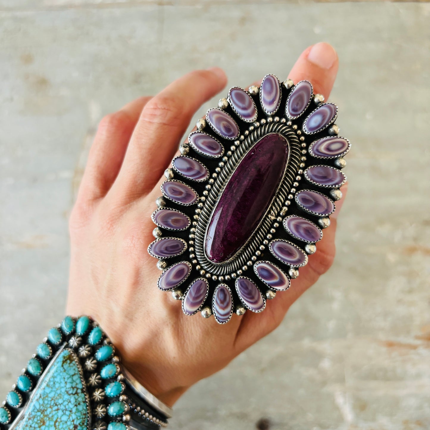 Navajo Hemerson Brown Sterling Silver - Wampum & Purple Spiny Oyster Statement Ring