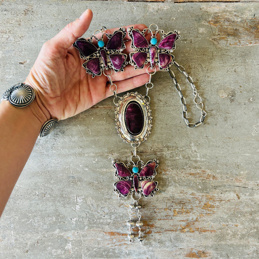 Navajo Lyanne Goodluck Sterling Silver - Purple Spiny & Sleeping Beauty Turquoise Butterfly Statement Necklace