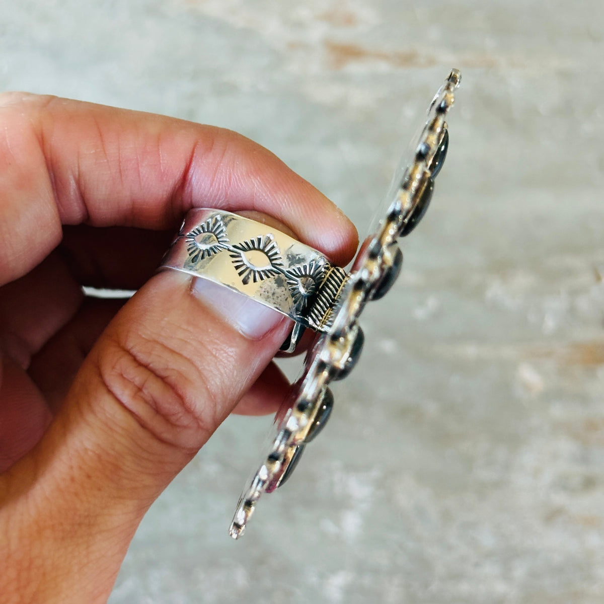 Navajo Hemerson Brown Sterling Silver & Abalone Shell 1942 Walking Liberty Half Dollar Statement Ring