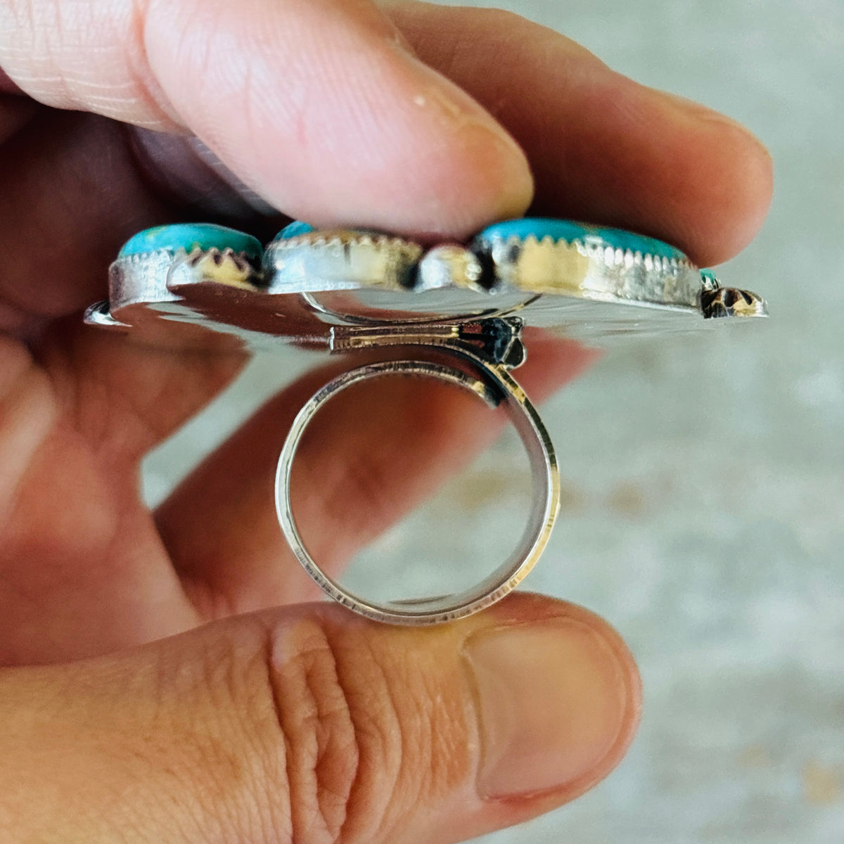 Navajo Hemerson Brown Sterling Silver & Kingman Turquoise Cluster Statement Ring