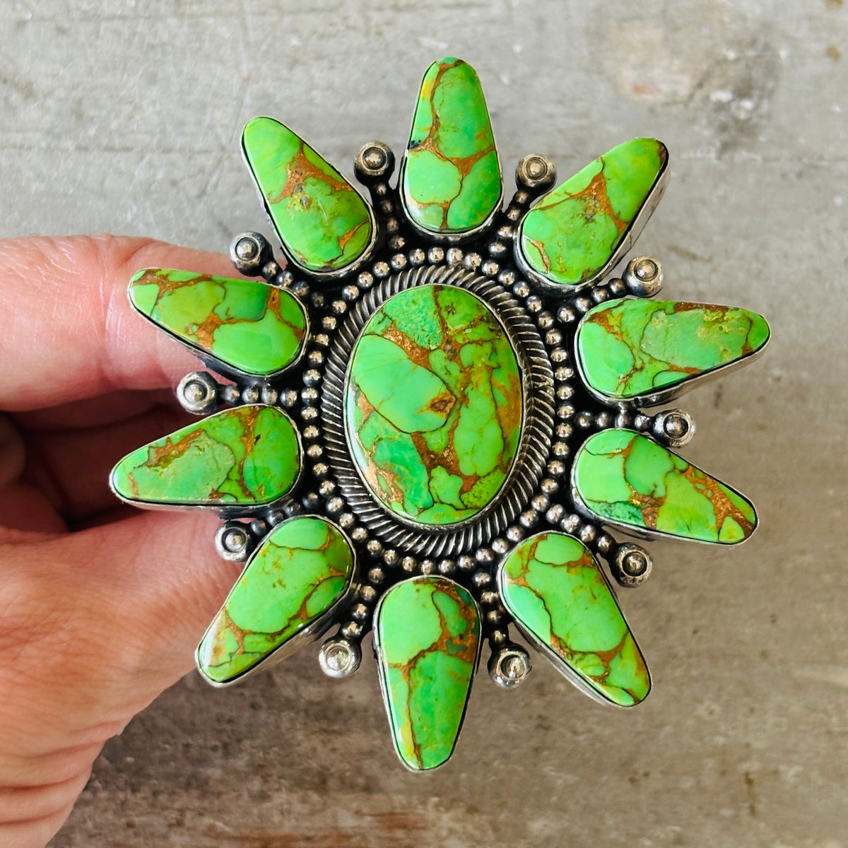 Navajo Hemerson Brown Sterling Silver & Green Mojave Cluster Ring