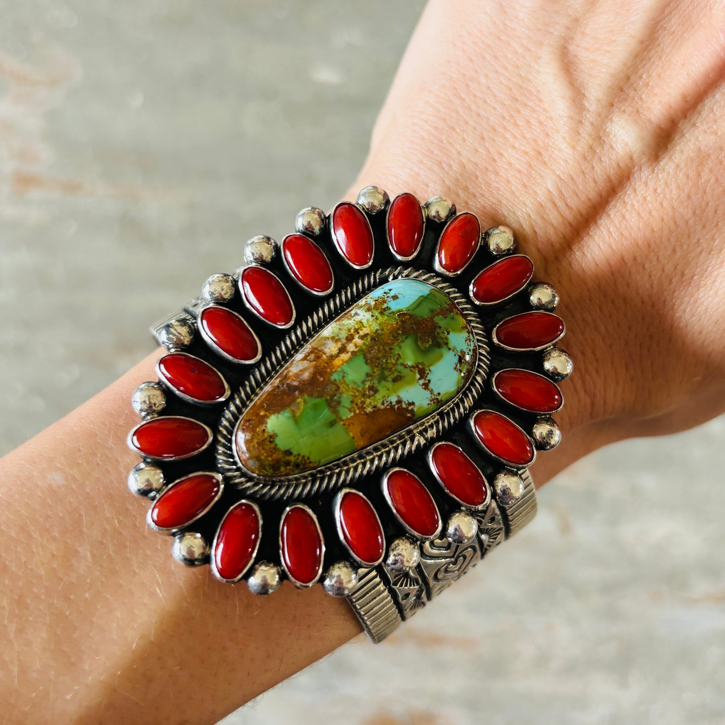 Navajo Hemerson Brown Sterling Silver - Red Coral & Sonoran Turquoise Cluster Hearts Cuff