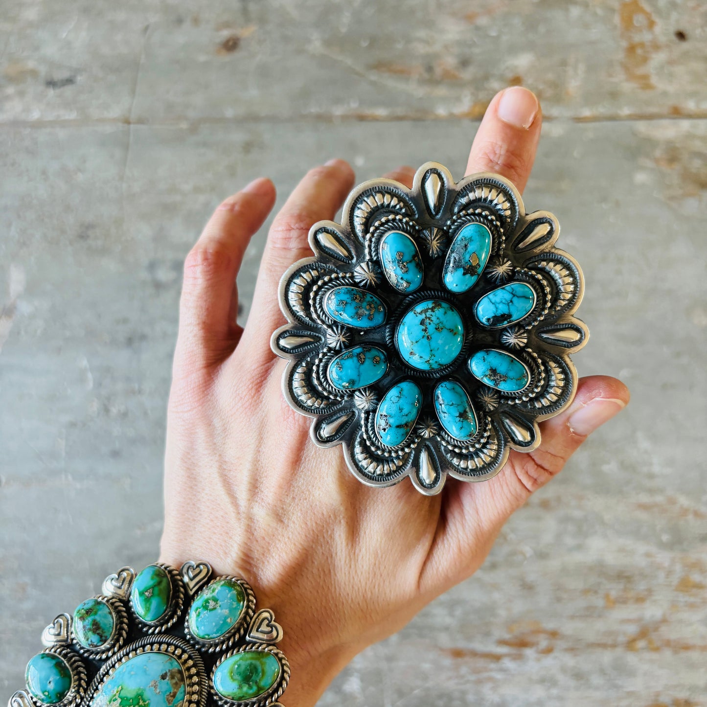 Navajo Leon Martinez Sterling Silver & Kingman Turquoise Cluster Statement Ring
