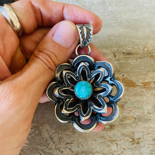 Navajo Kevin Billah Sterling Silver & Turquoise Flower Pendant