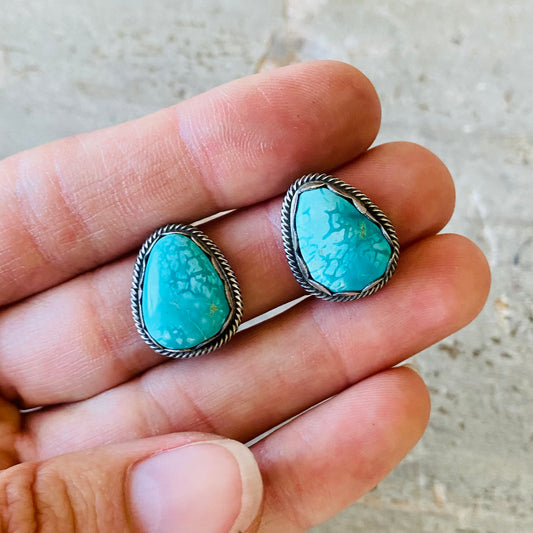 Navajo Timothy Yazzie Sterling Silver & Royston Turquoise Stud Earrings