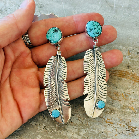 Navajo Lydia Begay Sterling Silver & Kingman Feather Earrings