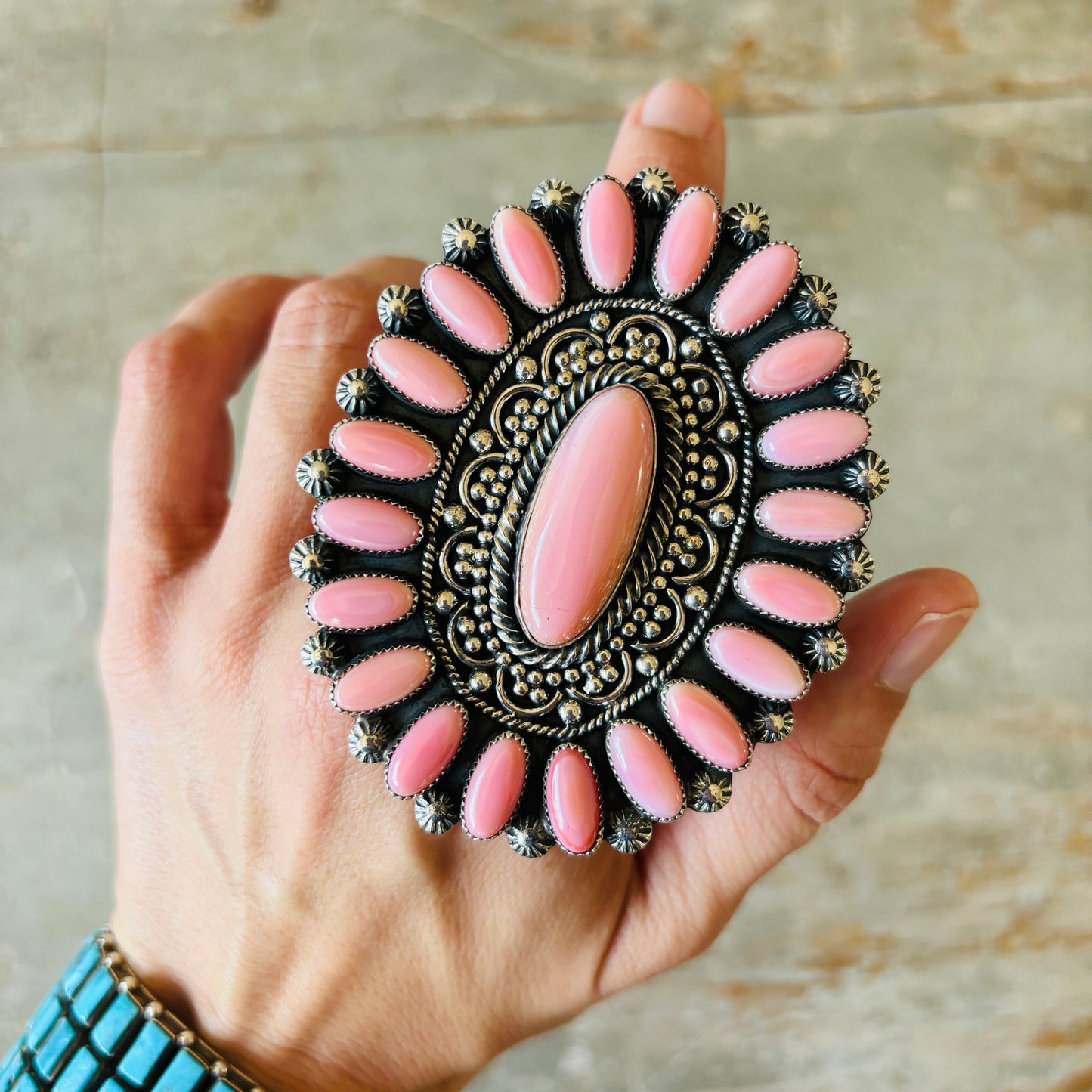 Navajo Hemerson Brown Sterling Silver & Pink Conch Cluster Statement Ring