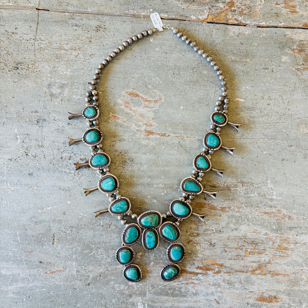 Vintage 1970s Navajo Sterling Silver & Nevada Turquoise Squash Blossom Necklace