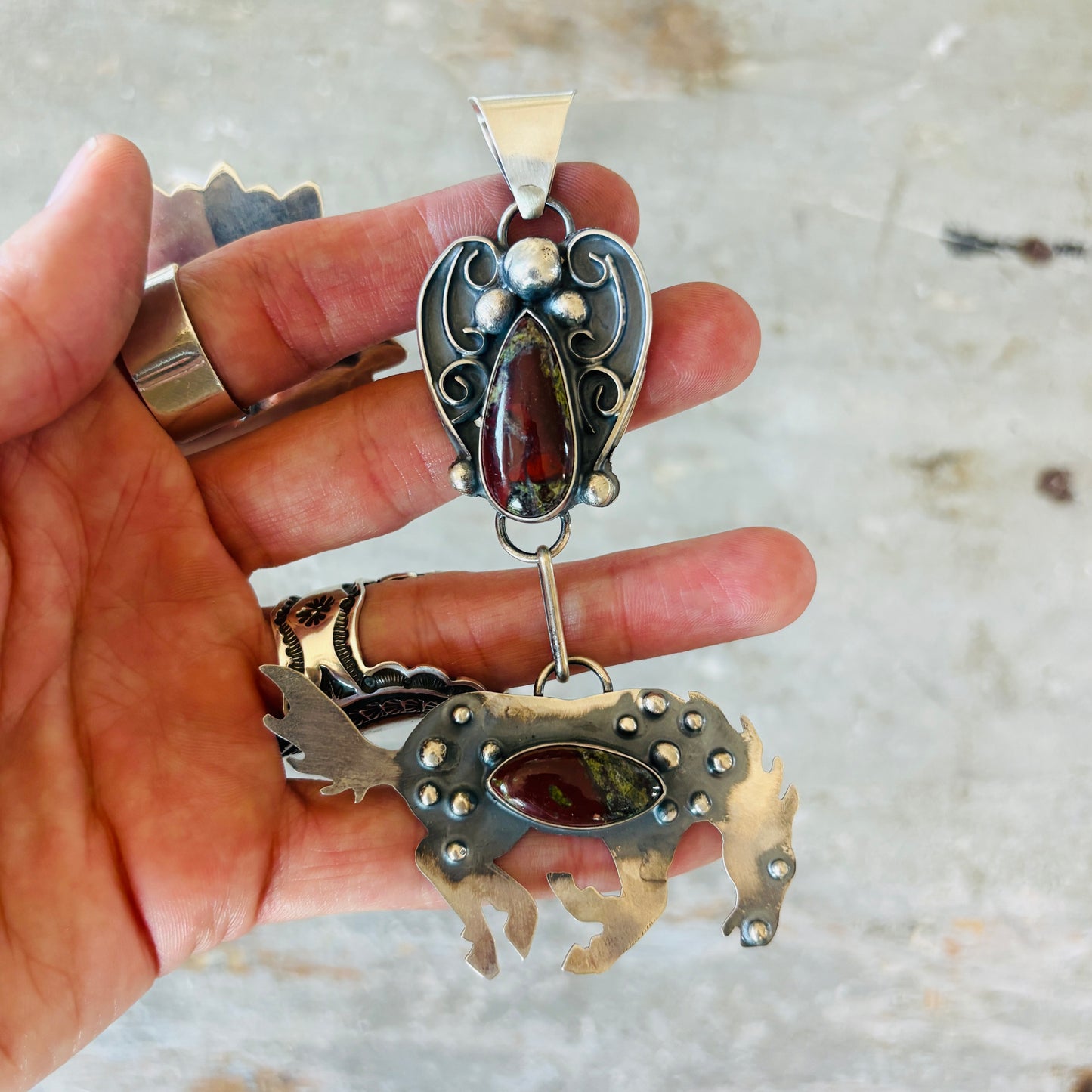 Navajo Miranda Willie Sterling Silver & Dragon Blood Jasper Horse Pendant