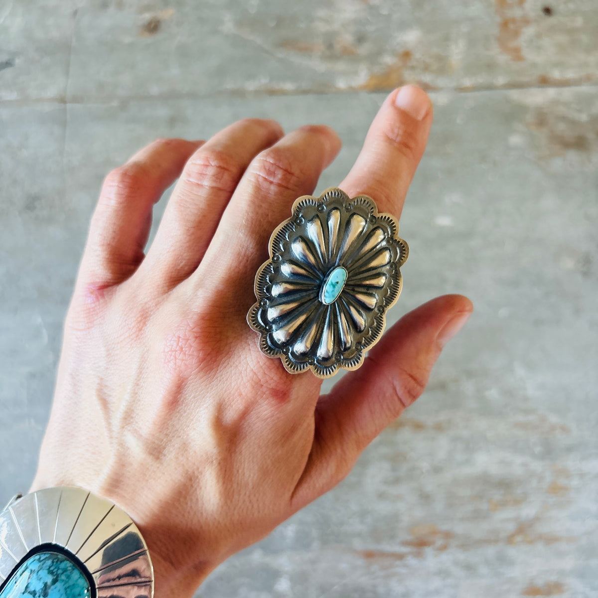 Navajo Arnold Goodluck Sterling Silver & Turquoise Concho Ring