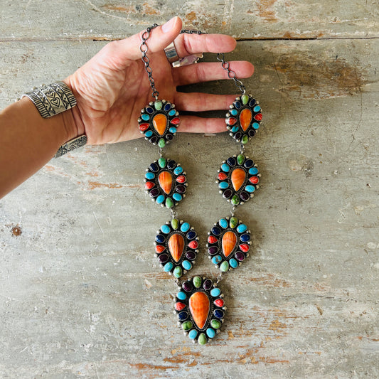 Navajo Taliah Benally Sterling Silver Multi Stone Cluster Necklace