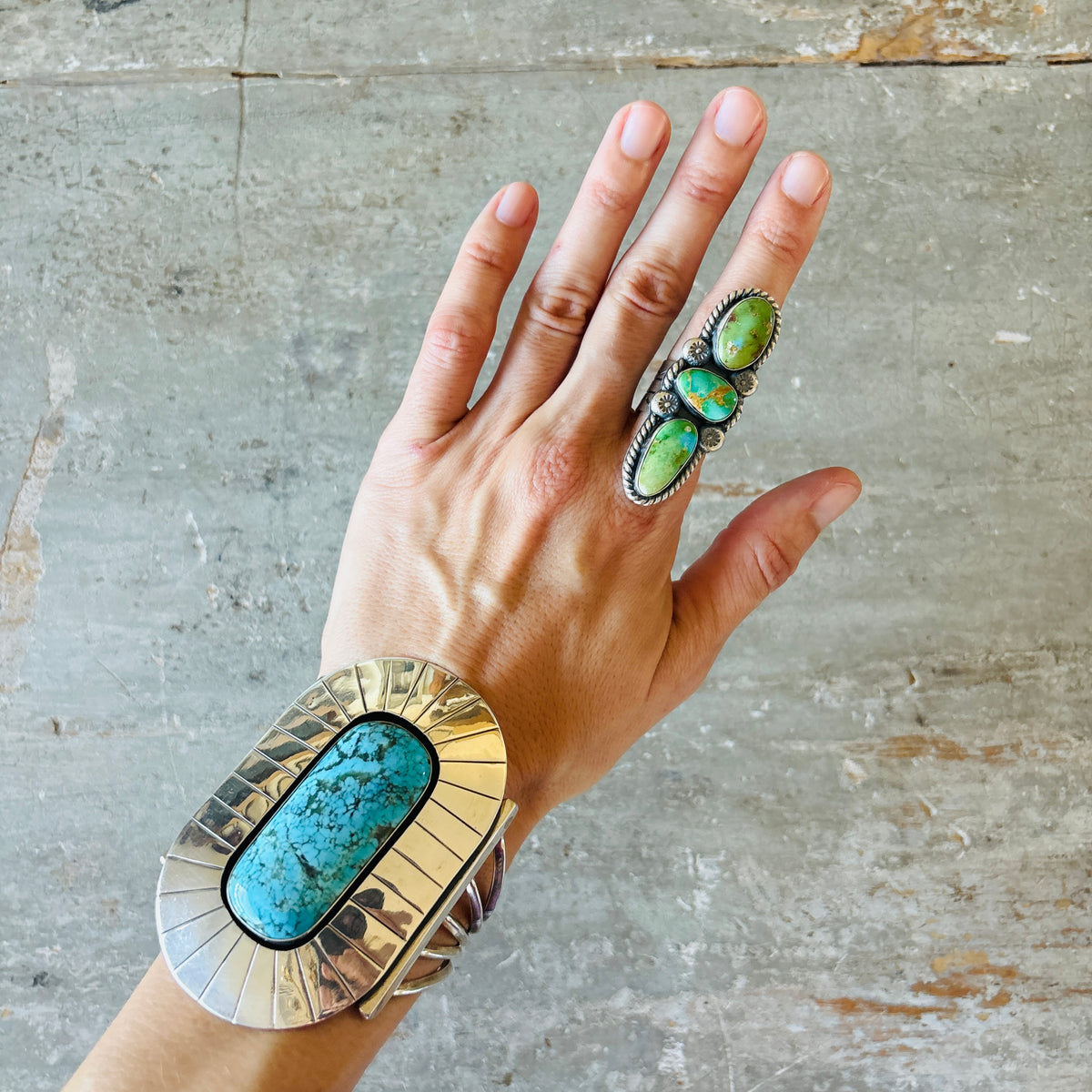 Navajo Delbert Secatero Sterling Silver & Sonoran Turquoise Three Stone Ring
