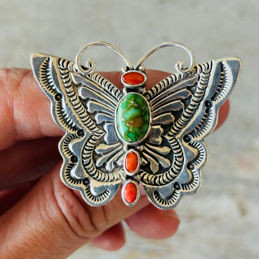 Navajo Lee Charley Sterling Silver - Red Coral & Sonoran Turquoise Butterfly Ring