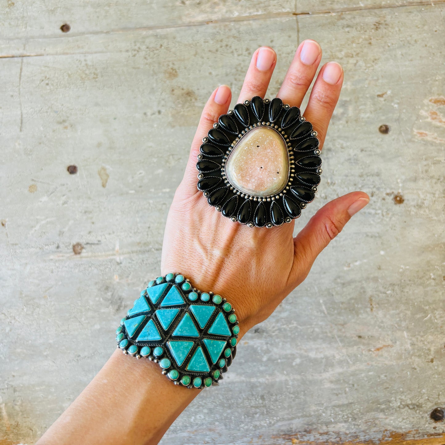 Navajo Hemerson Brown Sterling Silver - Druzy & Black Onyx Cluster Ring