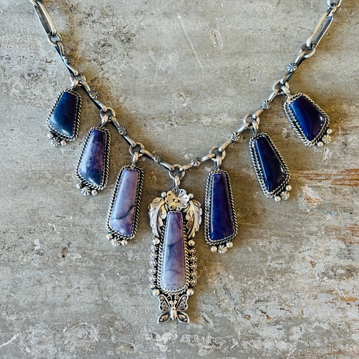 Navajo Brenda Jimenez Sterling Silver & Sugilite Charms Necklace