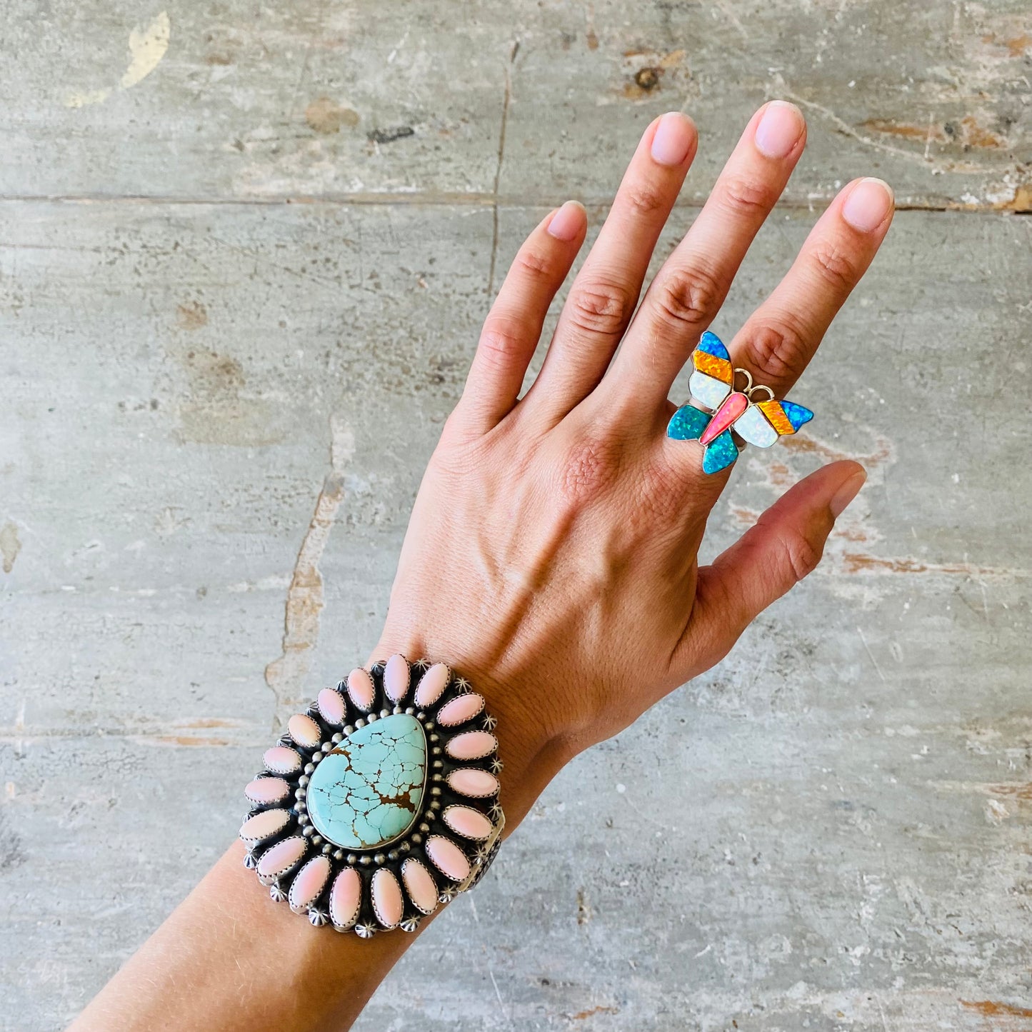 Navajo Steeve Francisco Sterling Silver & Lab Opal Multicolor Butterfly Ring