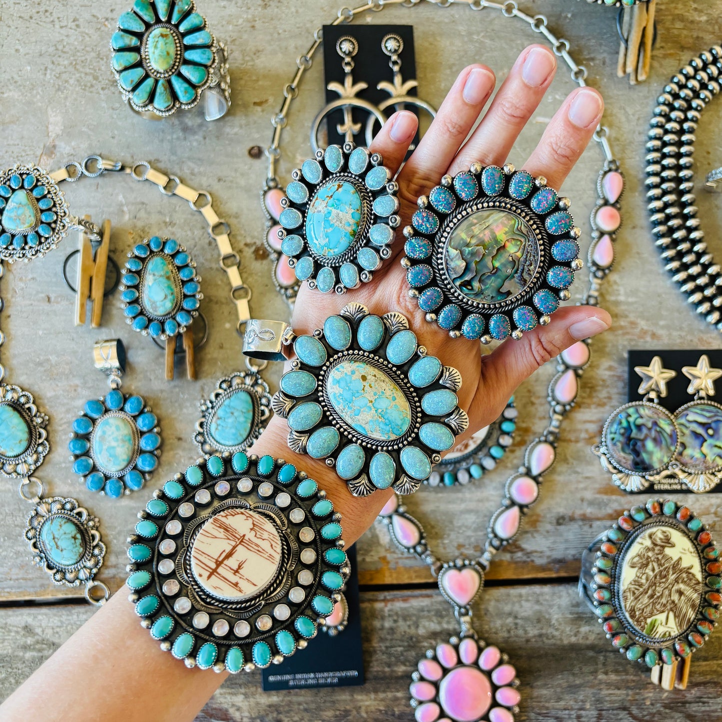 Navajo Hemerson Brown Sterling Silver - Sonoran Turquoise & Blue Lab Opal Cluster Statement Pendant