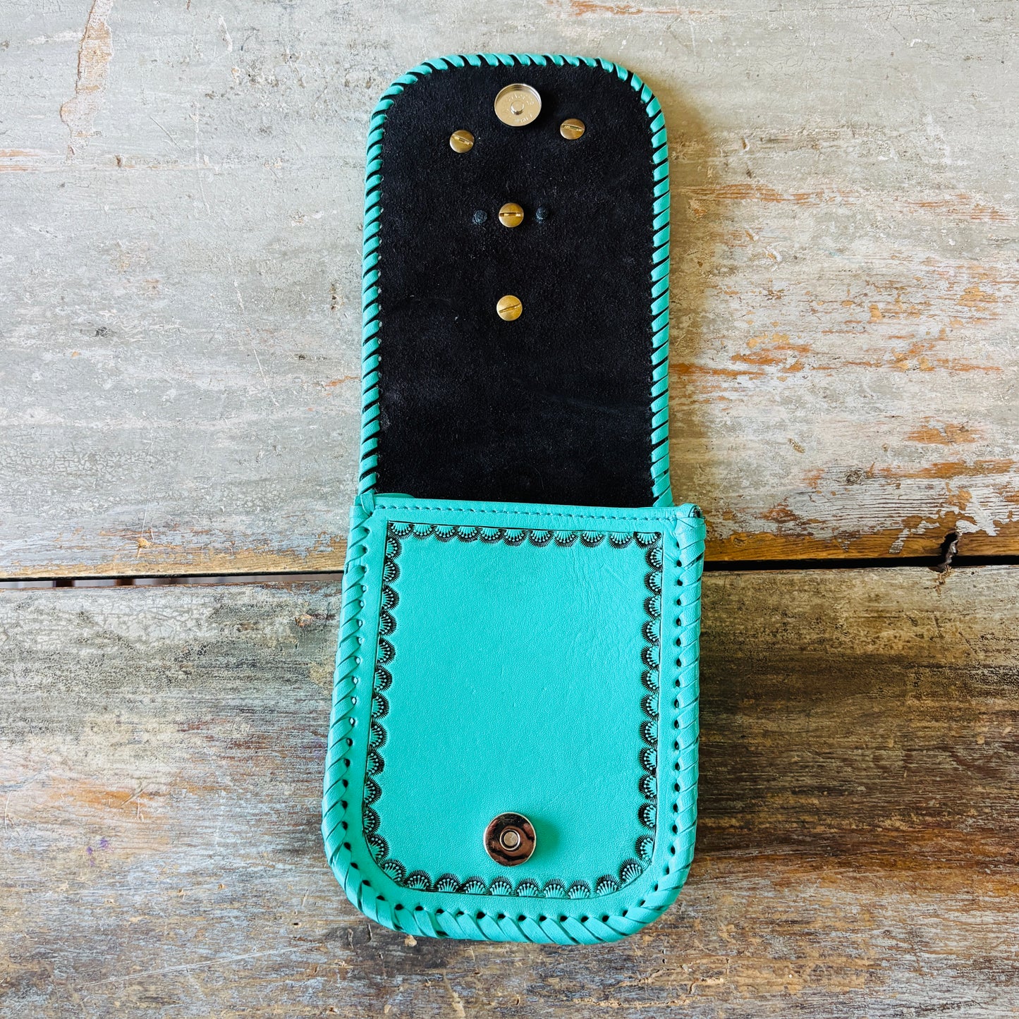 Navajo Hemerson Brown Sterling Silver & Kingman Turquoise Embellished Leather Blue Crossbody Bag