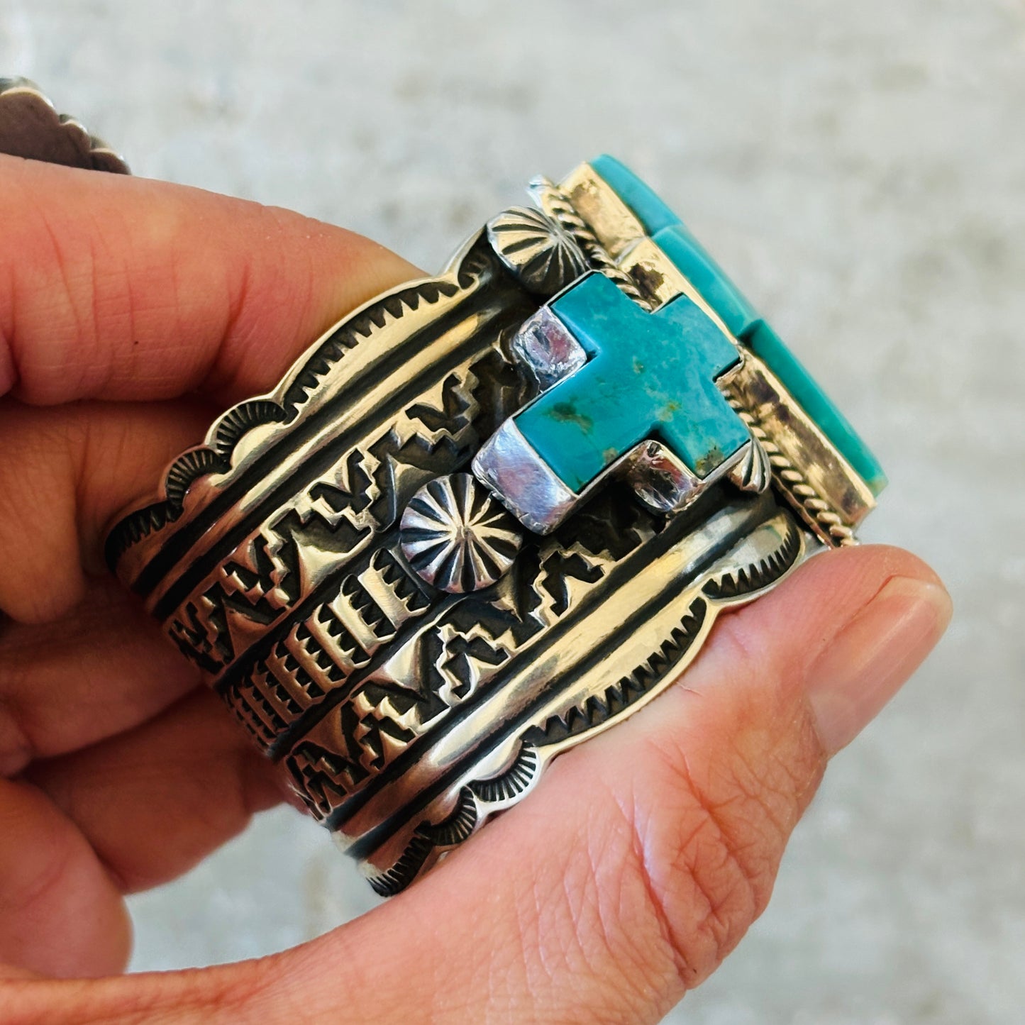 Navajo Andy Cadman Sterling Silver & Kingman Turquoise Crosses Cuff