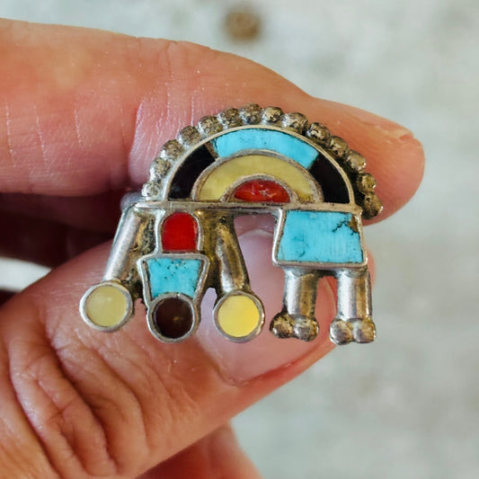 Vintage Zuni Sterling Silver Multi Stone Inlay Rainbow Man Ring