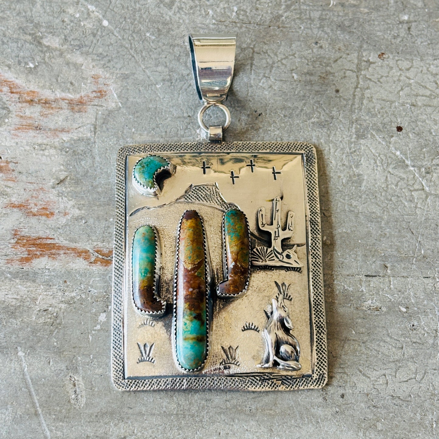 Navajo Hemerson Brown Sterling Silver & Kingman Turquoise Cactus Pendant