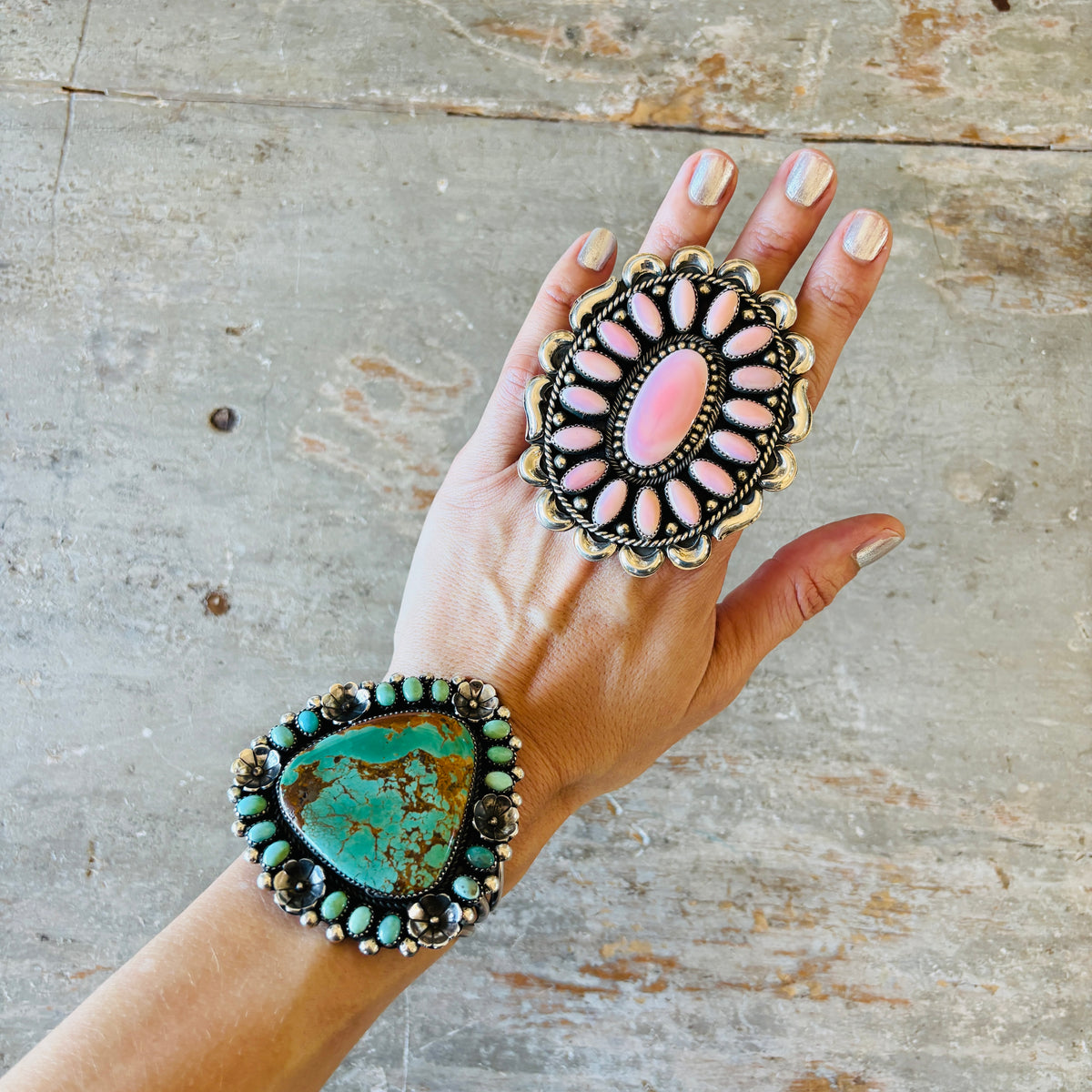 Navajo Hemerson Brown Sterling Silver & Pink Conch Cluster Statement Ring