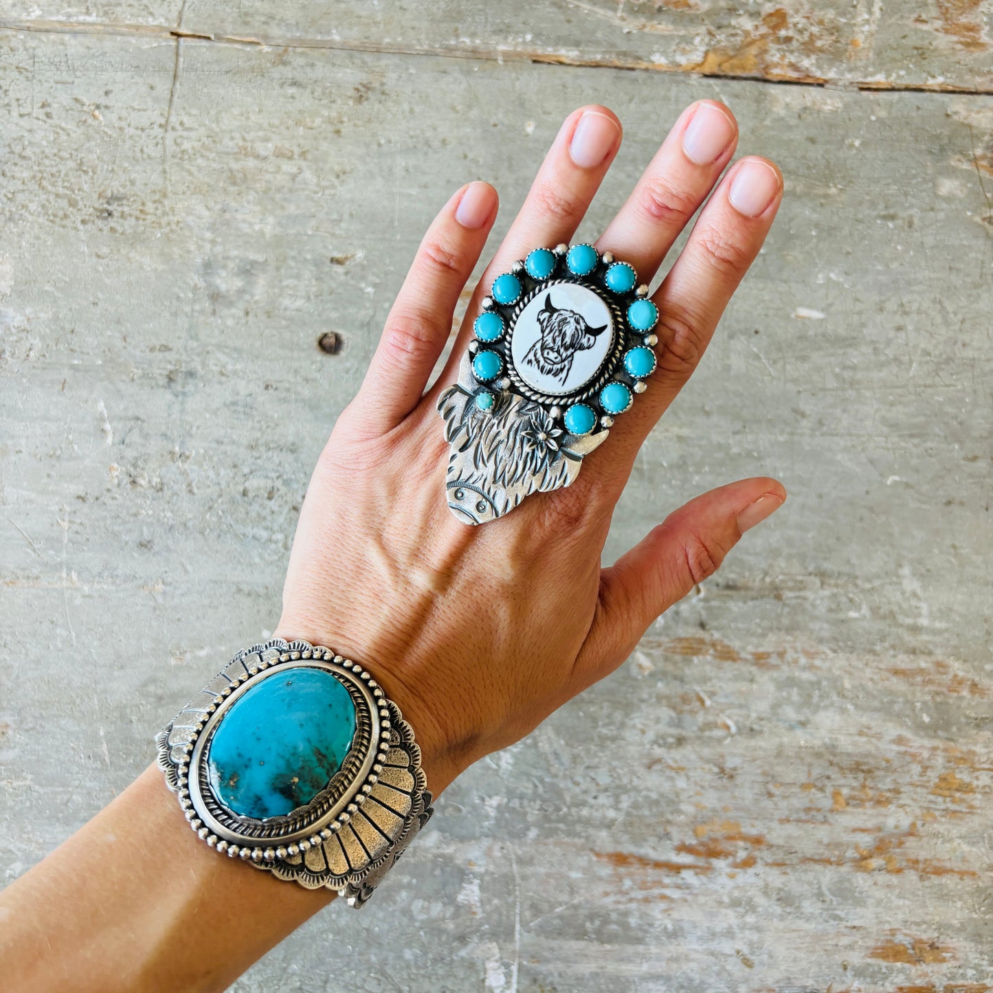 Navajo Kindale Billah Sterling Silver & Kingman Turquoise Highland Cow Ring