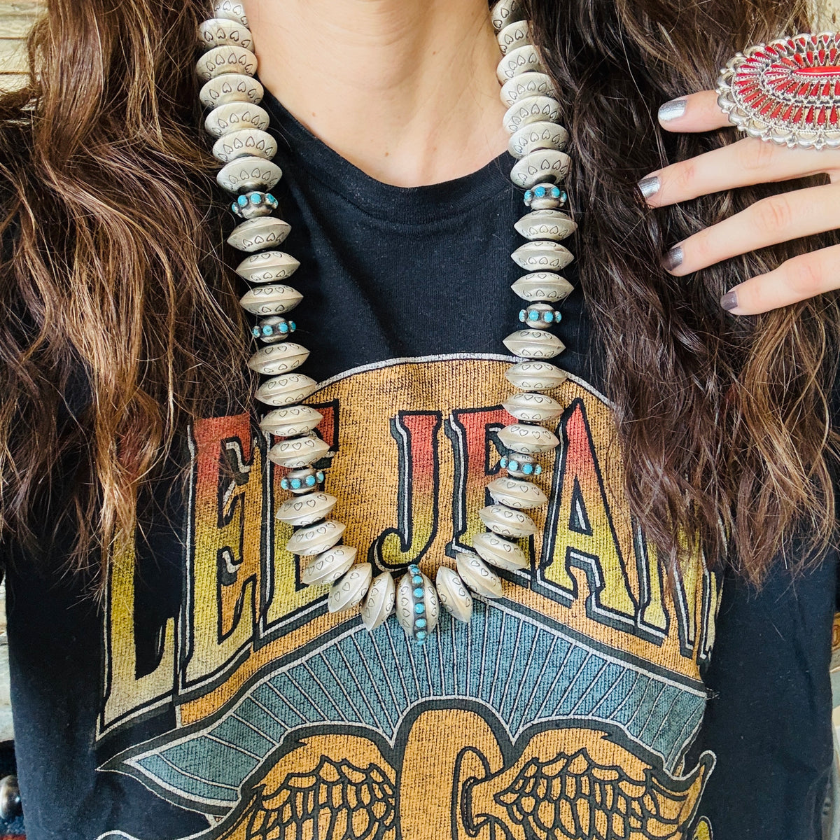 Navajo Monika Smith Sterling Silver & Kingman Turquoise Hearts Graduated Handmade Pearls