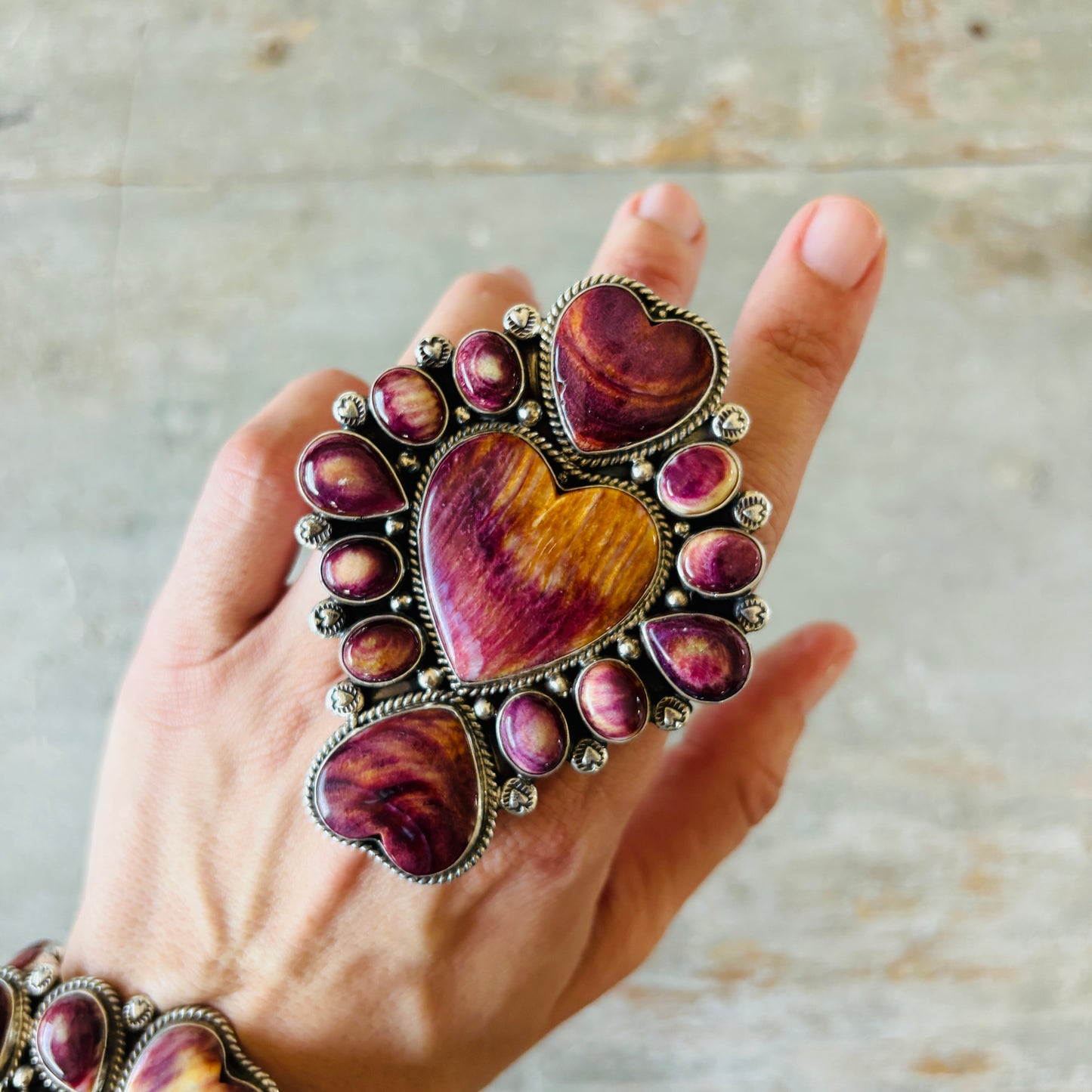 Navajo Tyler Brown Sterling Silver & Purple Spiny Hearts Statement Ring