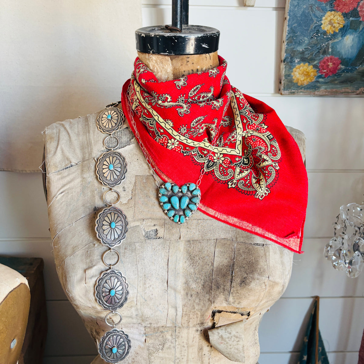 Navajo Freddy Platero Sterling Silver & Whitewater Turquoise Cluster Heart Necklace