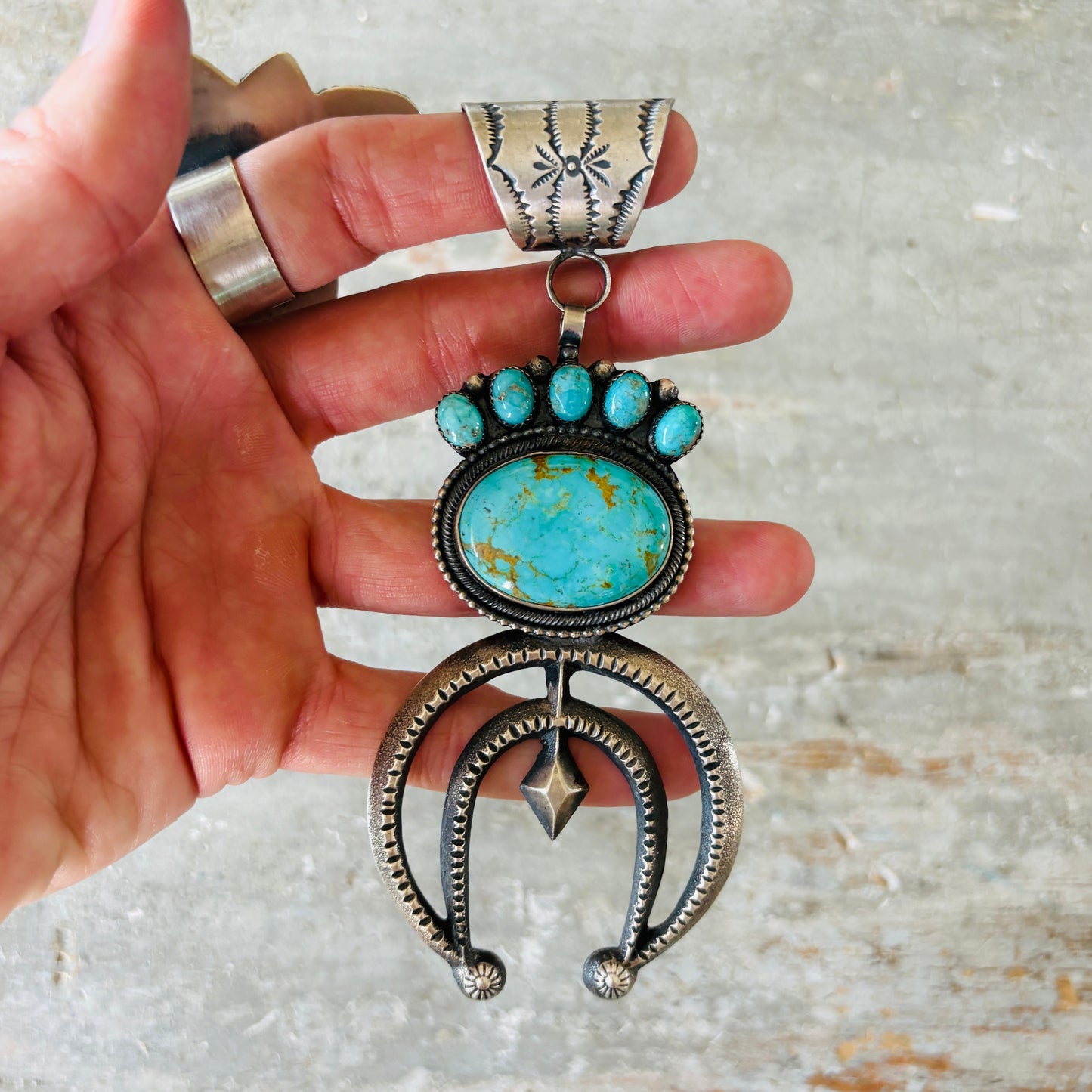 Navajo Hemerson Brown Sterling Silver & Kingman Turquoise Cluster Naja Pendant