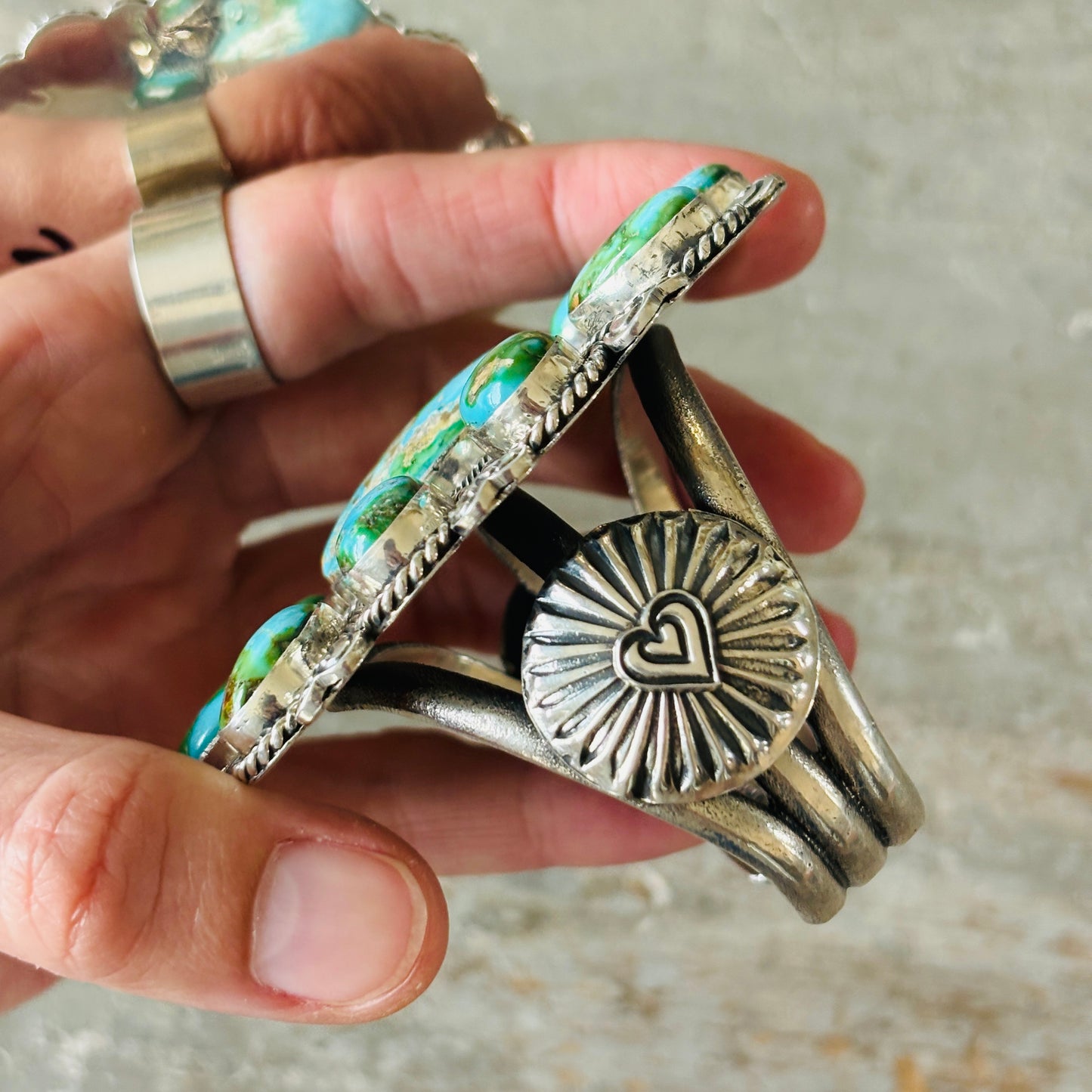 Navajo Hemerson Brown Sterling Silver & Sonoran Turquoise Hearts Cluster Cuff