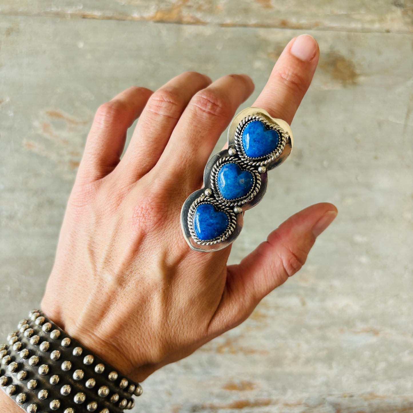 Navajo Hemerson Brown Sterling Silver & Lapis Three Stone Heart Ring