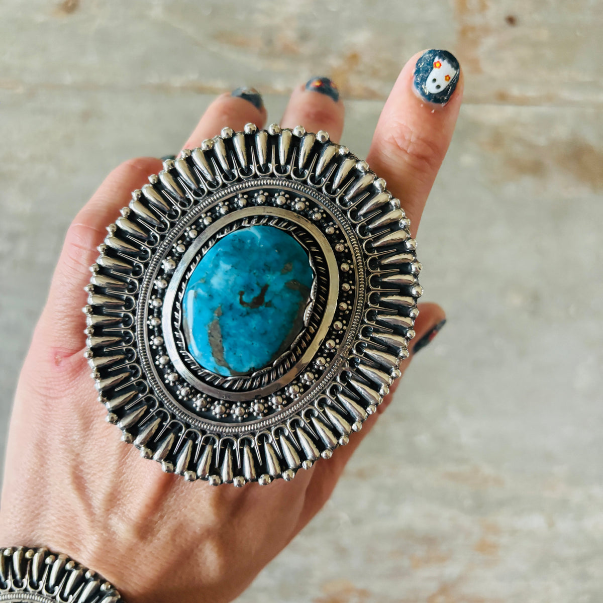 Navajo Glenn Livingston Sterling Silver & Pilot Mountain Turquoise Statement Ring