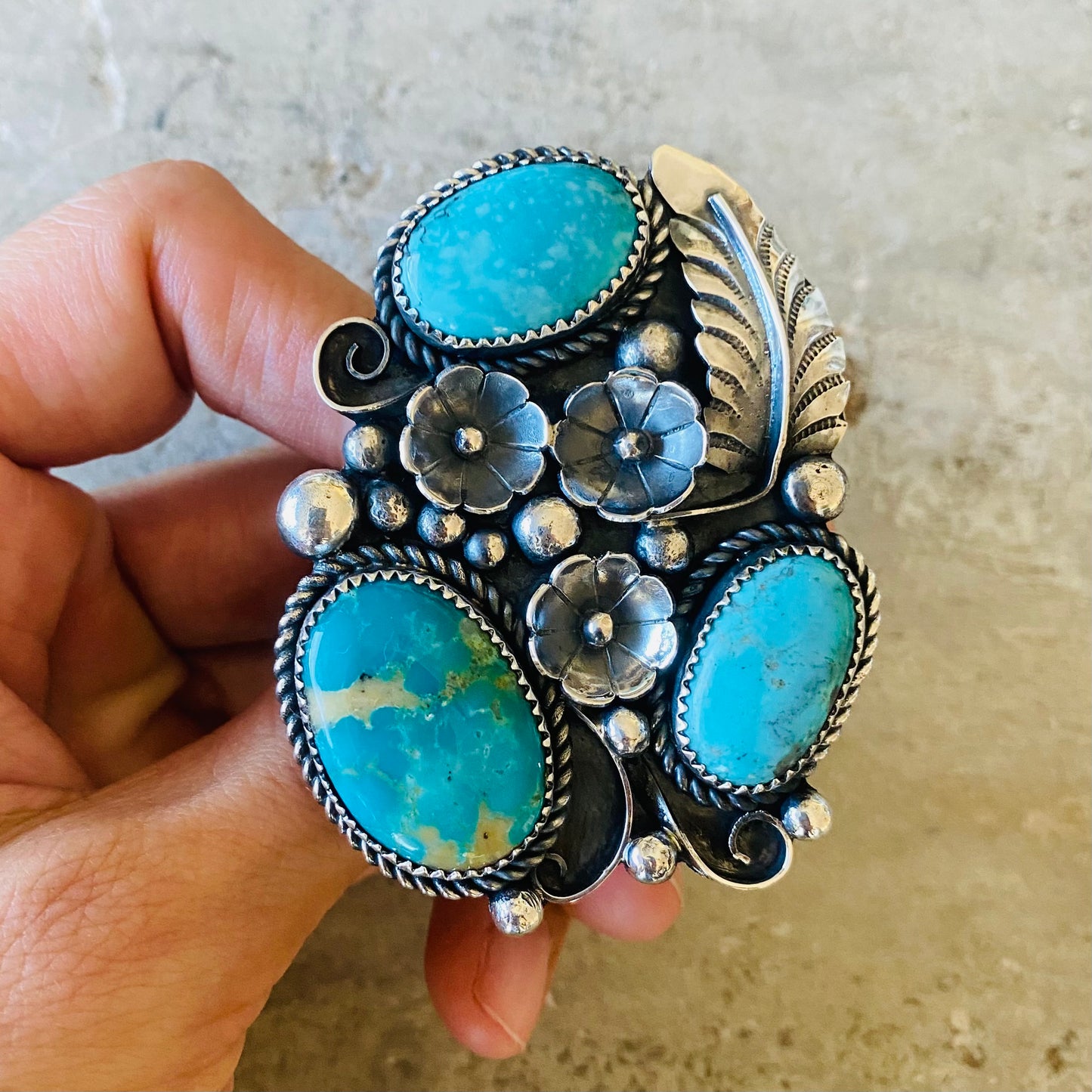 Navajo Marcus Chauvez Sterling Silver & Turquoise Floral Statement Ring