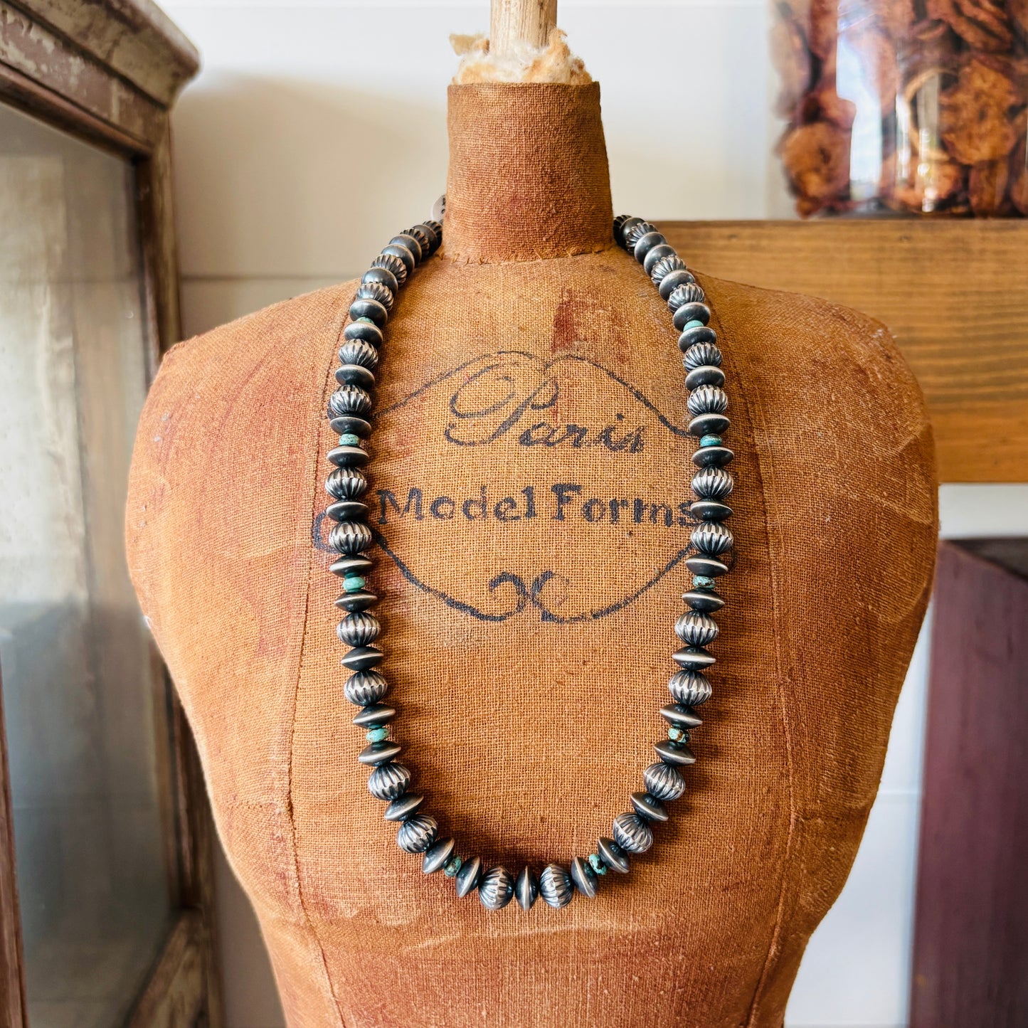 Navajo Preston Haley Sterling Silver & Kingman Turquoise 6mm Saucer - 9mm Fluted Handmade Pearls Necklace