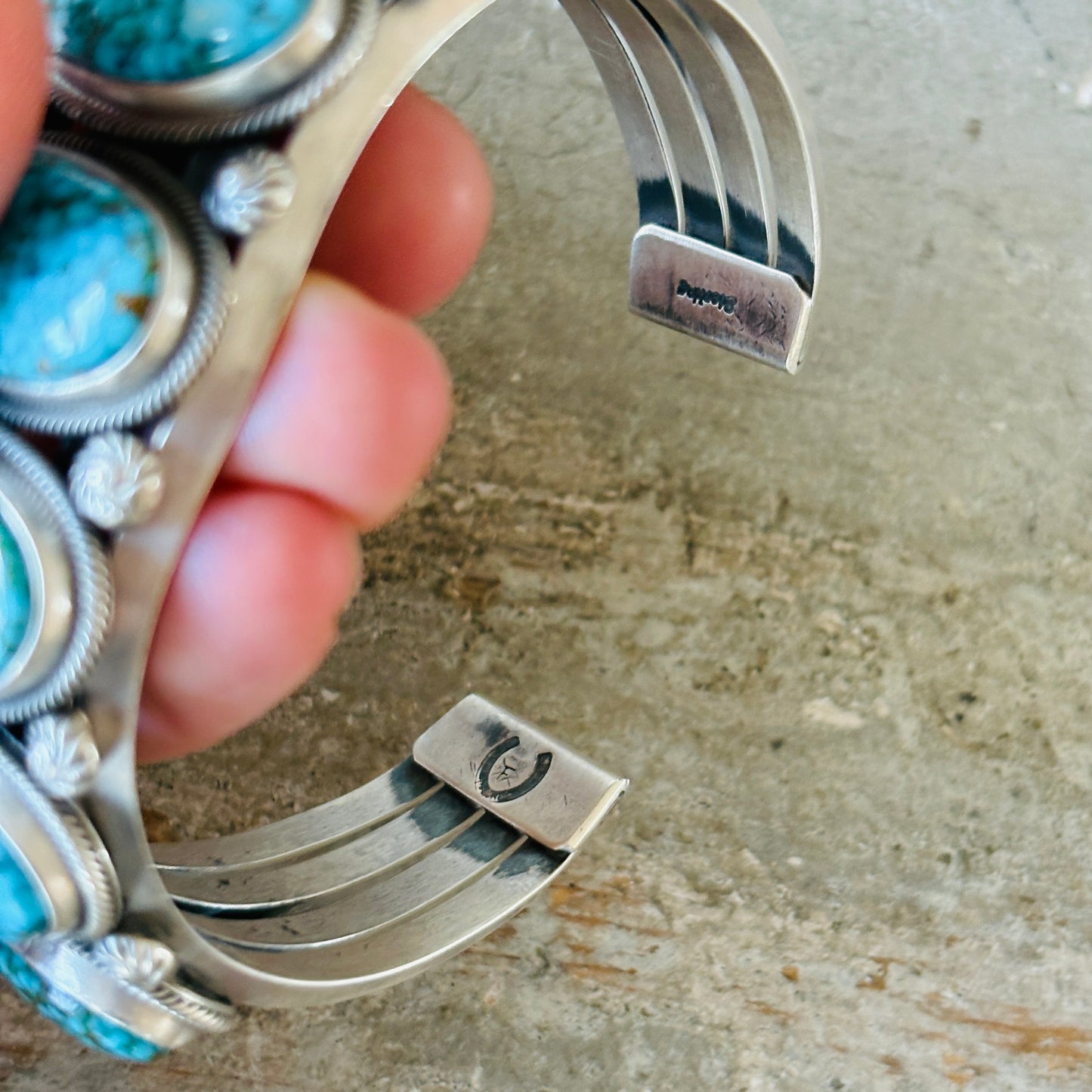 Navajo Freddie Maloney Sterling Silver & Spiderweb Kingman Turquoise 7 Stone Statement Cuff