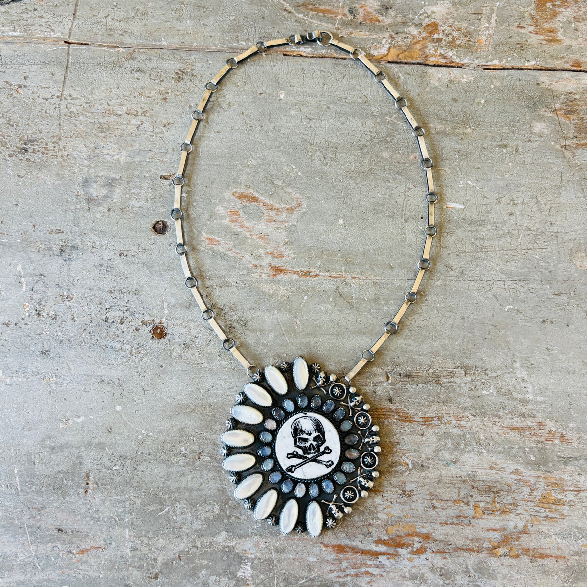 Navajo Kindale Billah Sterling Silver - Ceramic - Mother of Pearl & Moonstone Skull Necklace