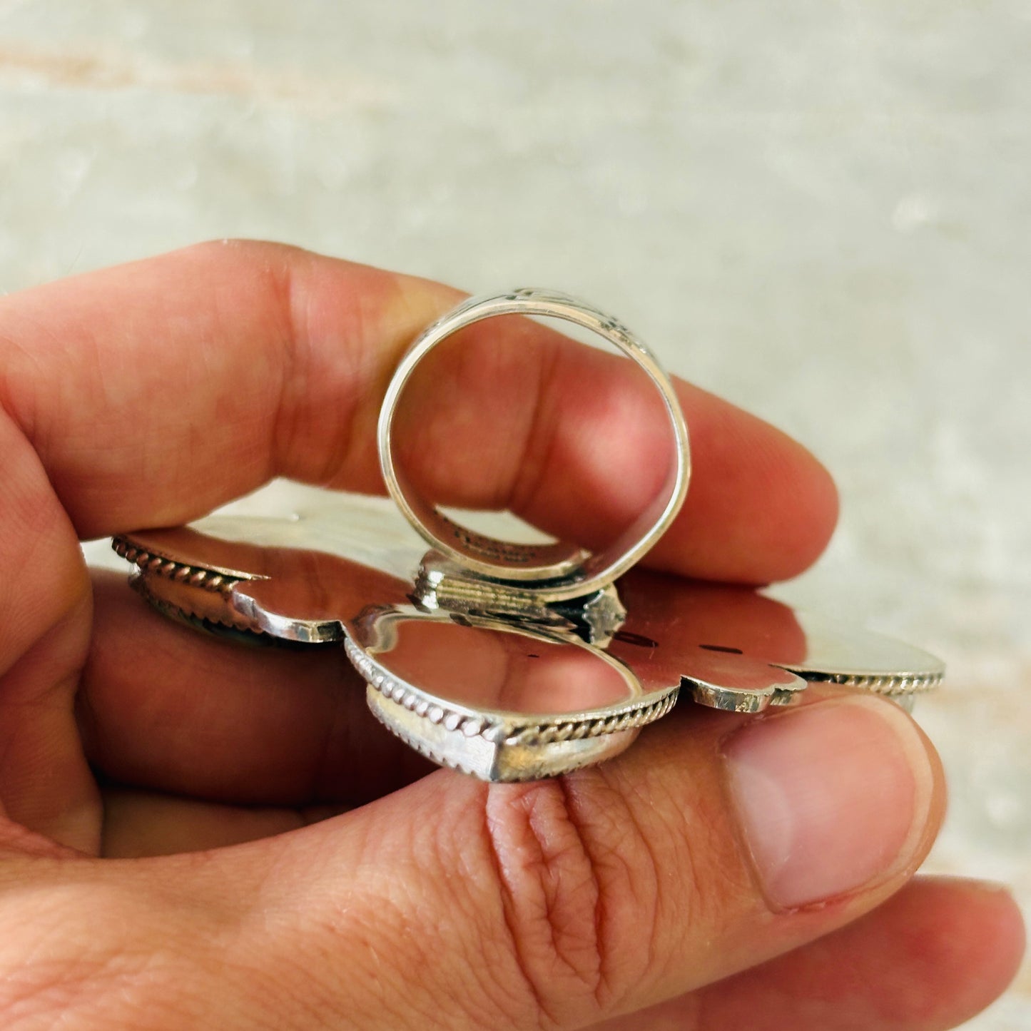 Navajo Hemerson Brown Sterling Silver - Abalone & Mojave Hearts Ring