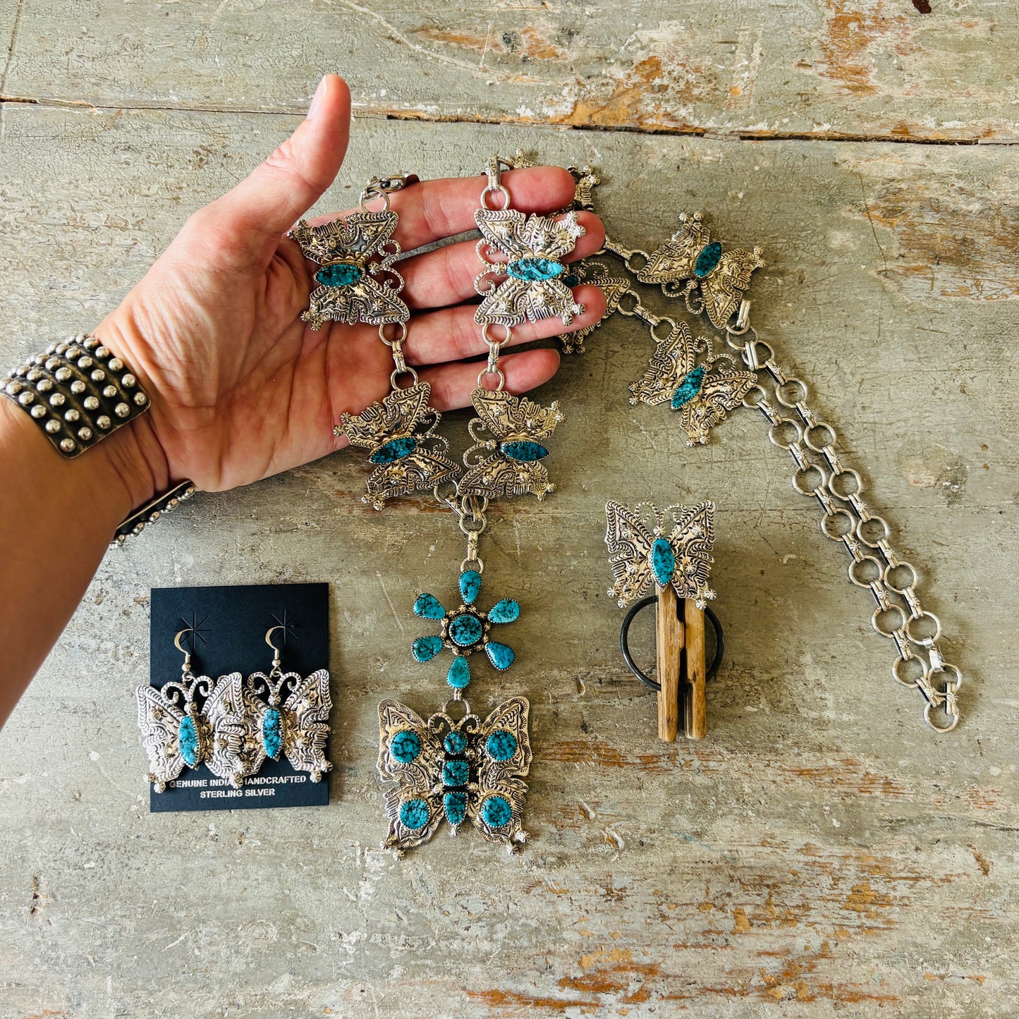 Navajo June Defauito Sterling Silver & Kingman Turquoise Necklace Set