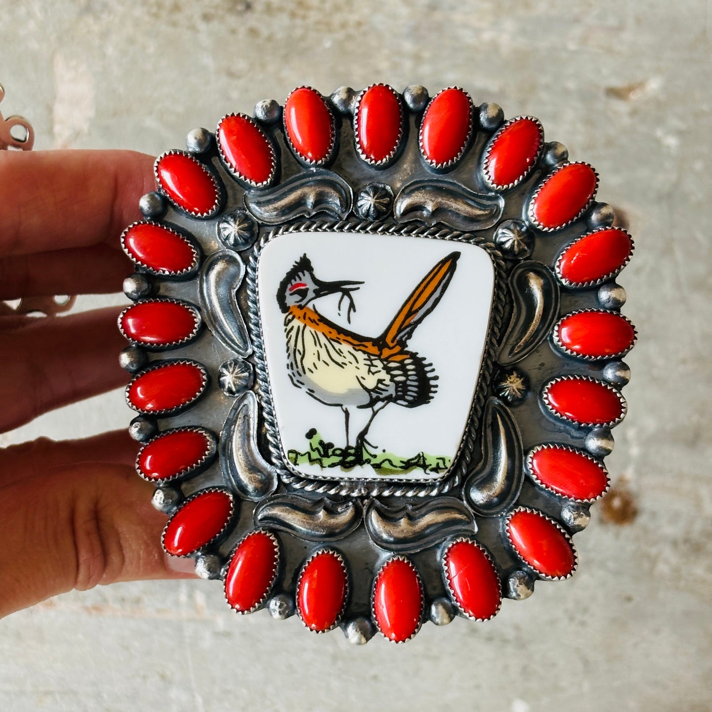 Navajo Kindale Billah Sterling Silver - Ceramic & Mediterranean Red Coral Roadrunner Cuff