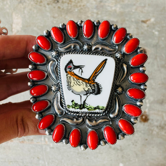 Navajo Kindale Billah Sterling Silver - Ceramic & Mediterranean Red Coral Roadrunner Cuff