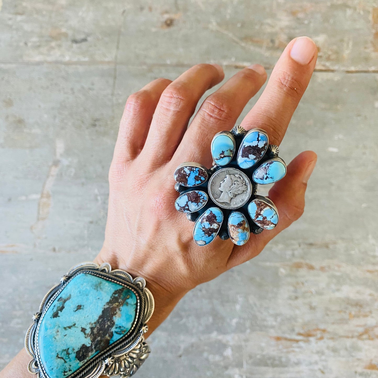 Navajo Timothy Yazzie Sterling Silver & Golden Hills Turquoise Liberty Dime Ring