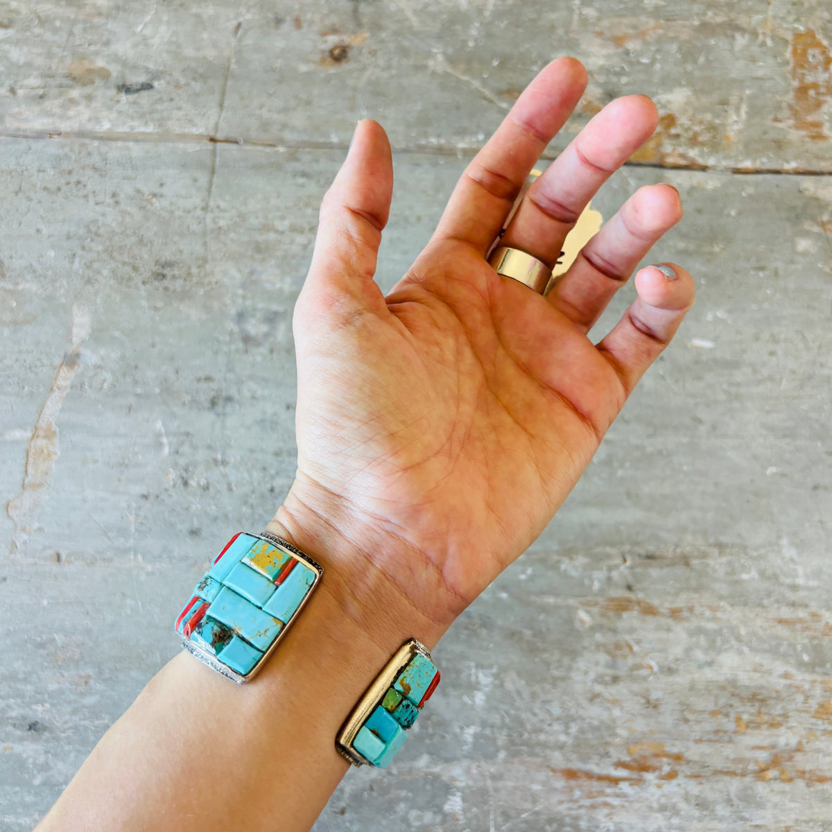 Navajo Lester James Sterling Silver - Red Coral & Multi Turquoise Cobblestone Cuff