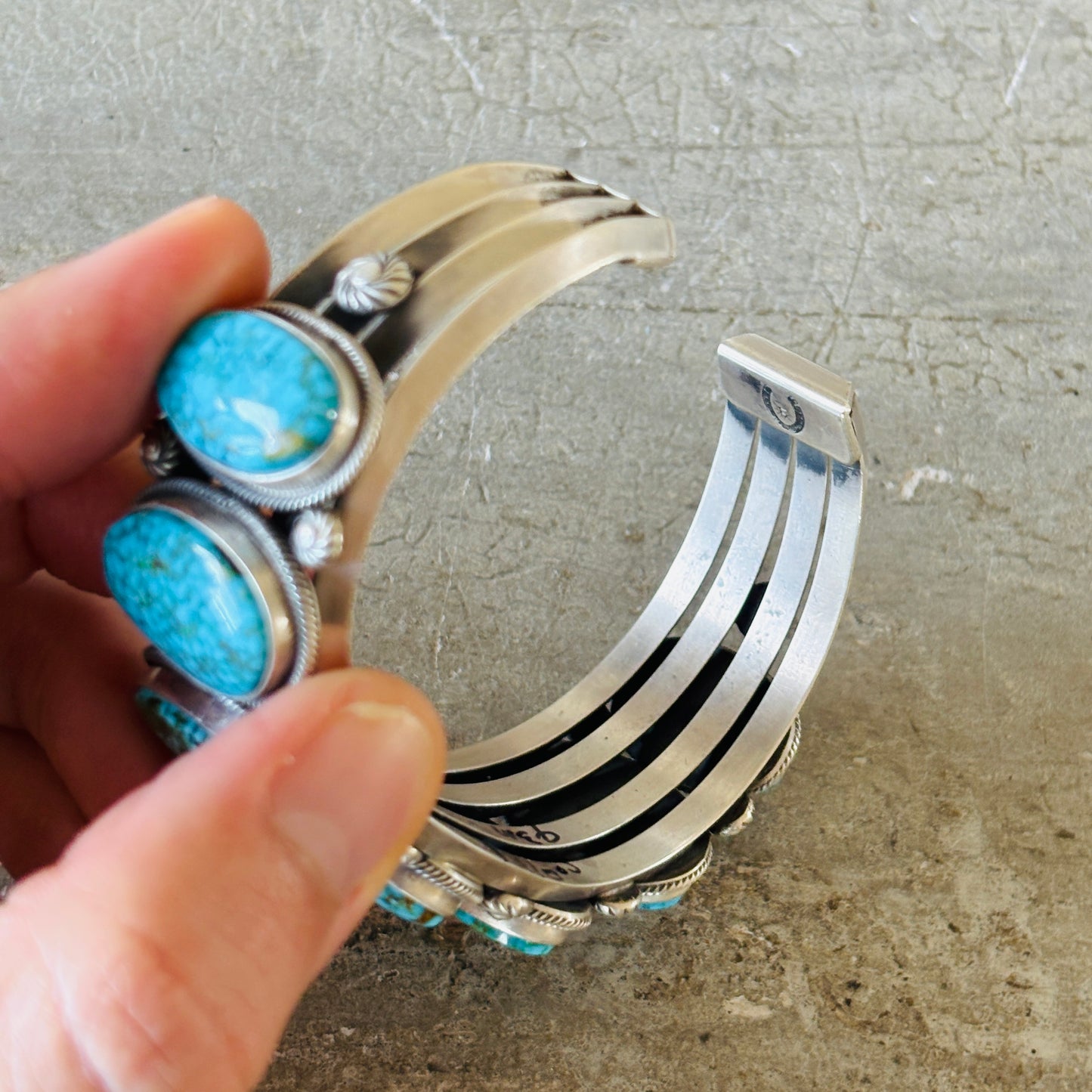 Navajo Freddie Maloney Sterling Silver & Spiderweb Kingman Turquoise 7 Stone Statement Cuff