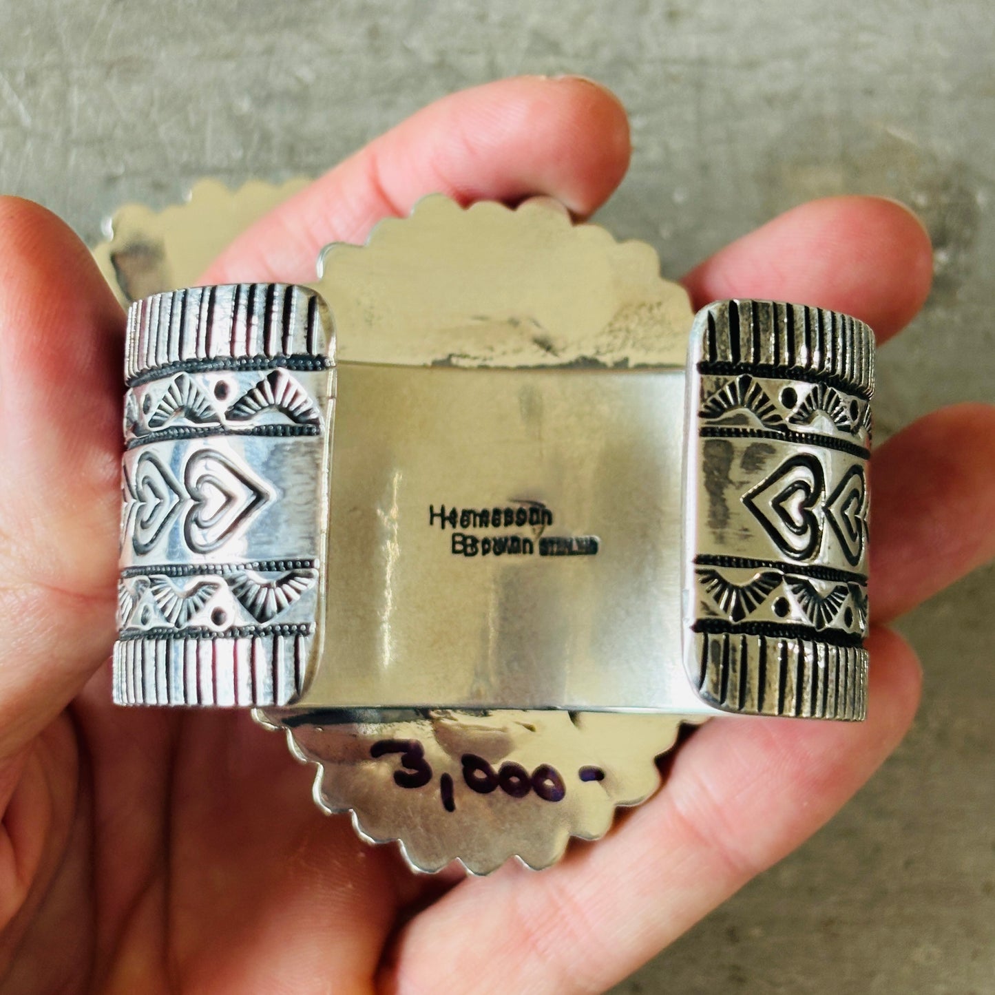 Navajo Hemerson Brown Sterling Silver - Red Coral & Sonoran Turquoise Cluster Hearts Cuff