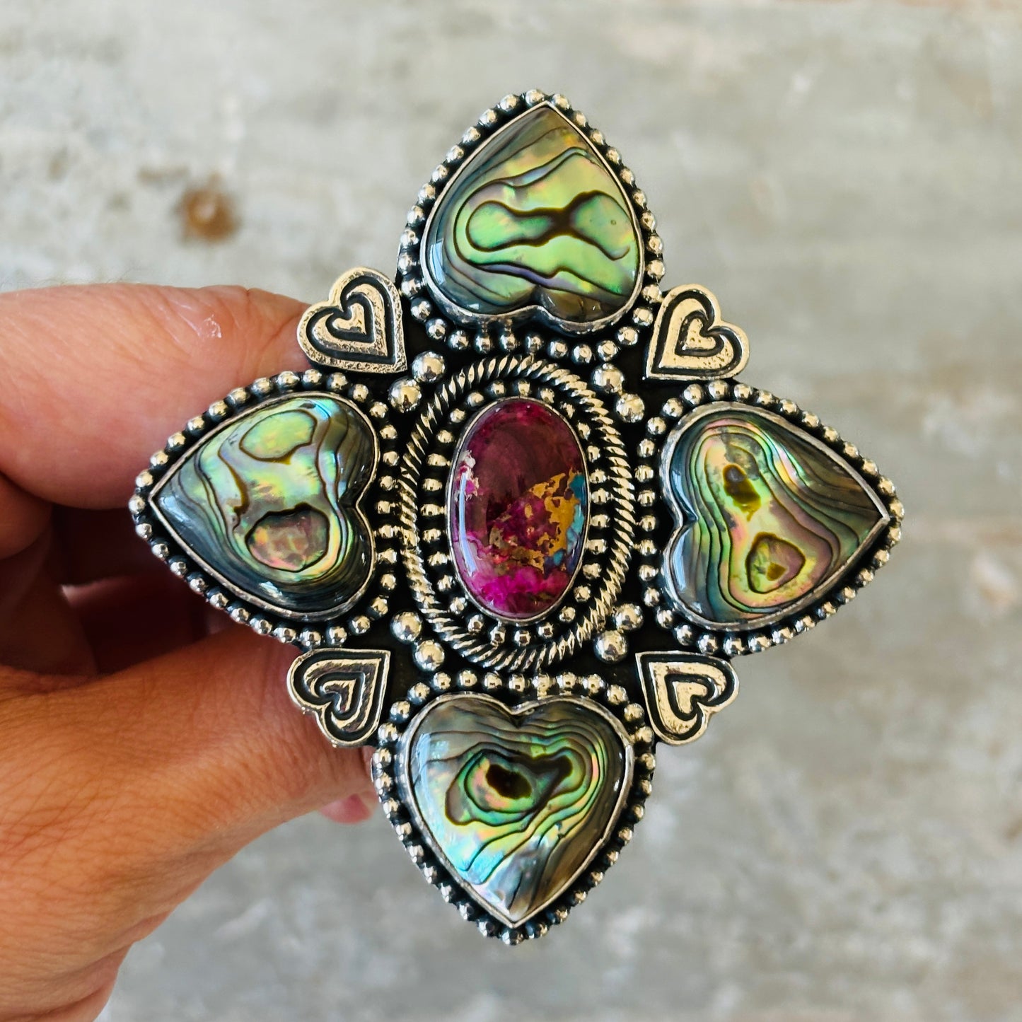 Navajo Hemerson Brown Sterling Silver - Abalone & Purple Dahlia Mojave Hearts Ring