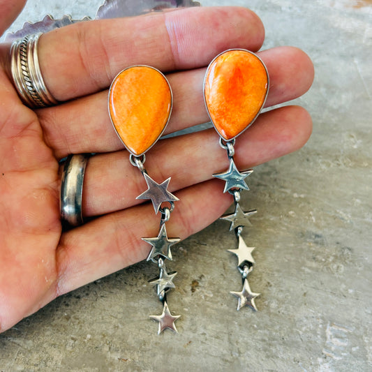 Navajo Eloise Richards Sterling Silver & Orange Spiny Star Earrings